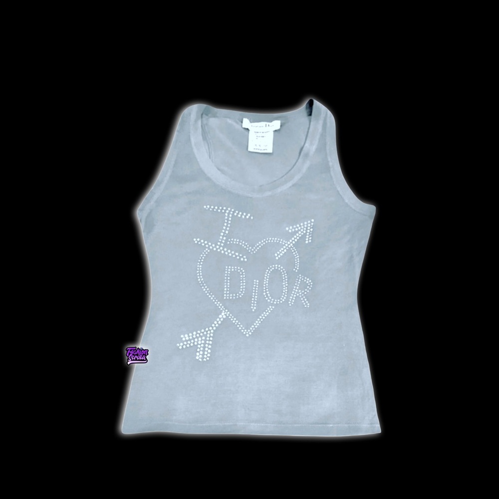 Vintage Dior I Heart DIOR Spelled Out Logo Crystal Diamanté Sleeveless Shirt Top